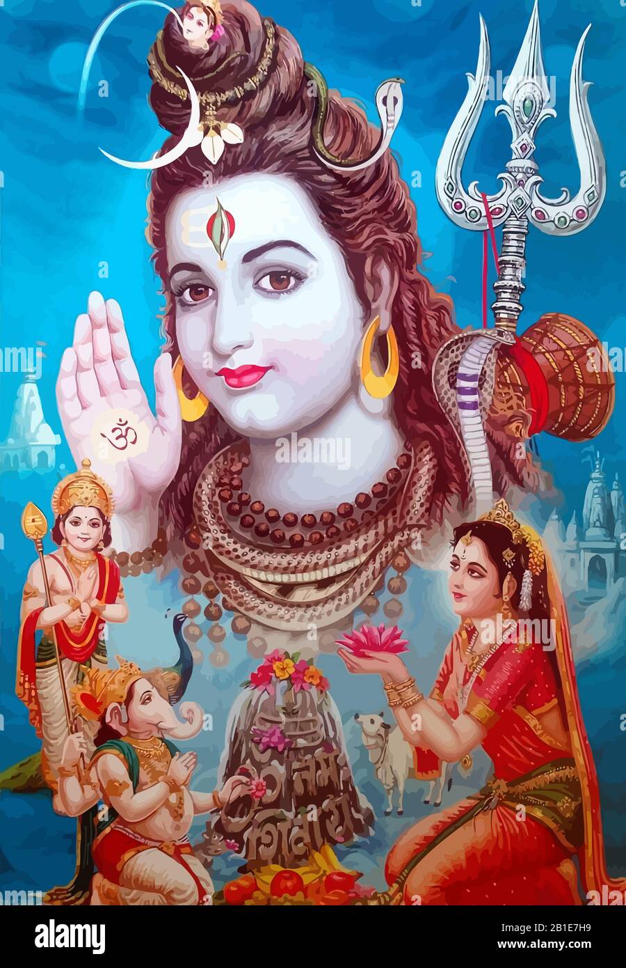 Gott Shiva Schlange und Dame Saraswati Pfau heiliger Elefant Ganasha hinduismus Abbildung blau Stockfoto