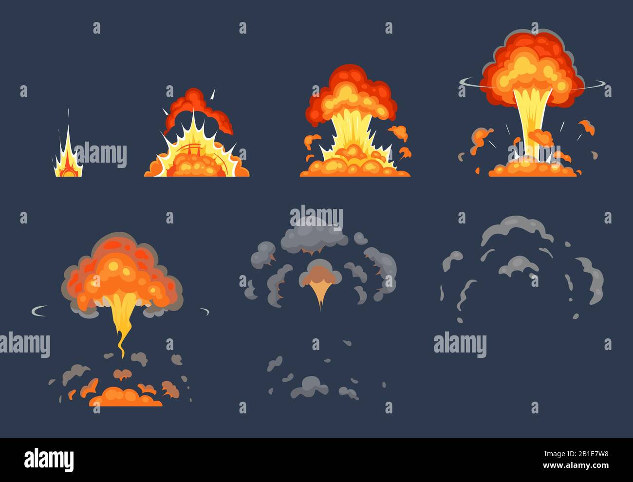 Zeichentrickbombenexplosion Animation. Explodierende animierte Rahmen, atomarer Explosionseffekt und Explosionen verrauchen Vektorgrafiken Stock Vektor