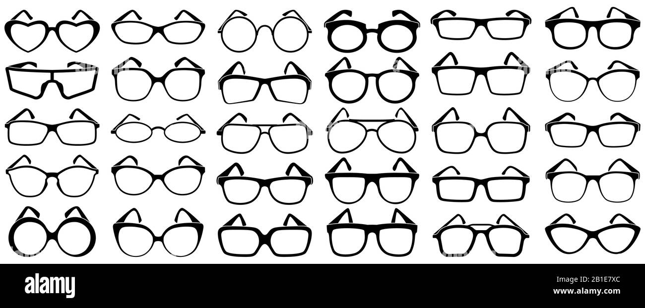 Brille Silhouette. Sonnenbrille mit Rand, Brillengläser und Brillenschilhouetten - Vektorset Stock Vektor