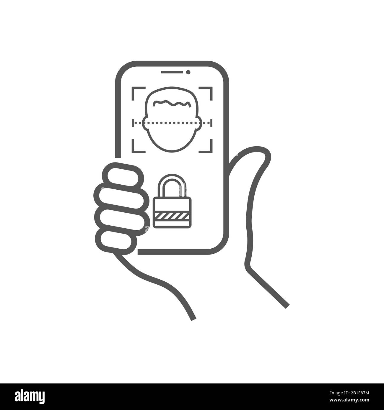 Biometrische Identifikation, Konzept des Gesichtserkennungssystems. Smartphone in der Hand scannt ein Gesicht einer Person. Gesichts-ID, Gesichtserkennung und Scannen. Vektor Stock Vektor