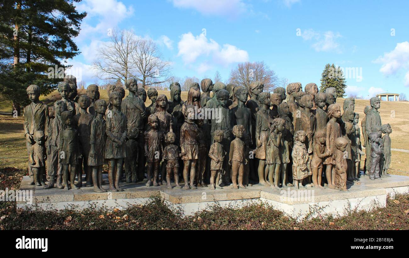 Gedenkstätte Lidice, Bezirk Kladno, Tschechische Republik, am 18. Februar 2020. Das Denkmal wurde an der Stelle des vorherigen Dorfes gebaut, die kostenlos war Stockfoto