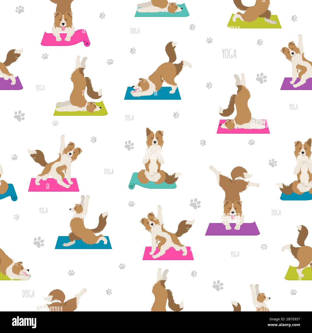 Yoga-Hunde stellen und trainieren ein nahtloses Muster. Clipart für Grenzkollie. Vektorgrafiken Stock Vektor