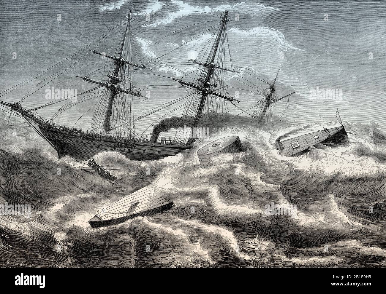 Untergang des ironbezungten Kriegsschiffs USS Monitor, Schlacht von Hampton Roads, amerikanischer Bürgerkrieg, im Jahr 1862 Stockfoto