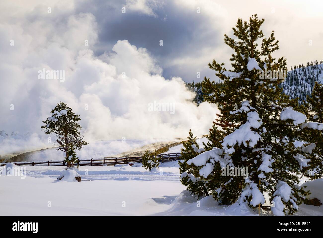Dampfsauna im Midway Geyser Basin im Winter, USA, Wyoming, Yellowstone National Park Stockfoto