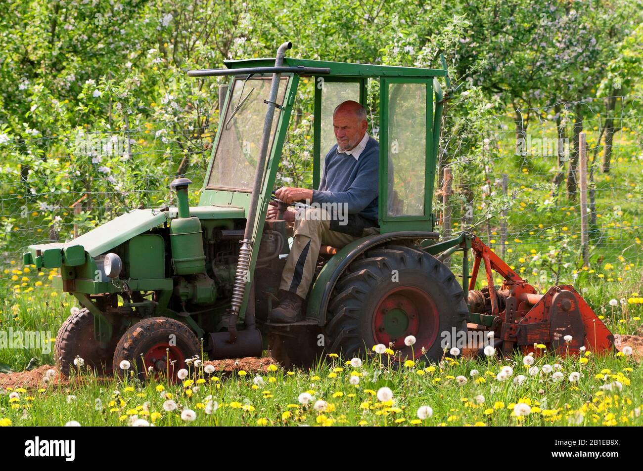 Gärtner am Traktor, Deutschland, Schleswig-Holstein Stockfoto