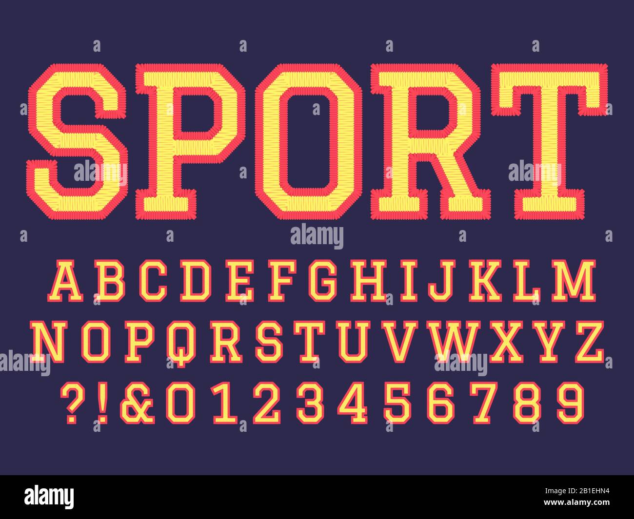 Stickschrift. Nähte Buchstaben aus Alphabet, gestickte Fleckenbeschriftung des College-Football-Teams und gestickte Vektorsymbole mit Stickereien Stock Vektor