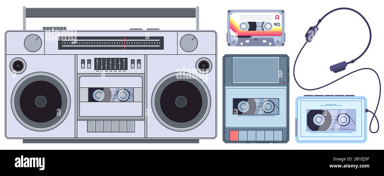 Retro-Tape-Player. Klassische Kassetten-Musikplayer, alter Tonrekorder und Audiokassetten Vektorgrafik Set Stock Vektor
