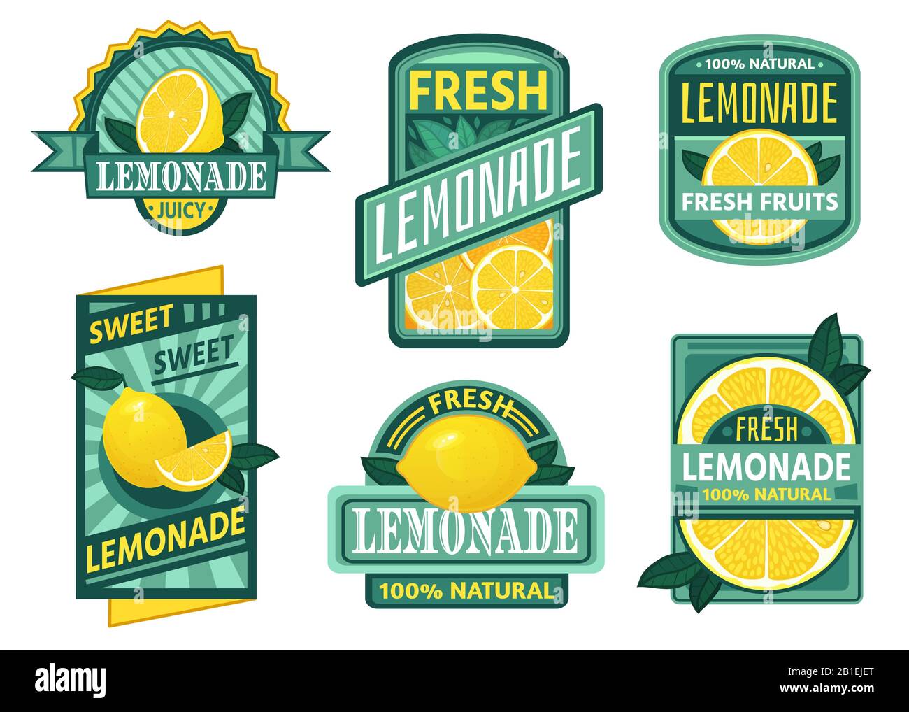 Limonadeabzeichen. Zitronensaft, frische Limonaden Embleme und Zitronen Fruchtsaft trinken Vintage-Abzeichen Vektor-Set Stock Vektor