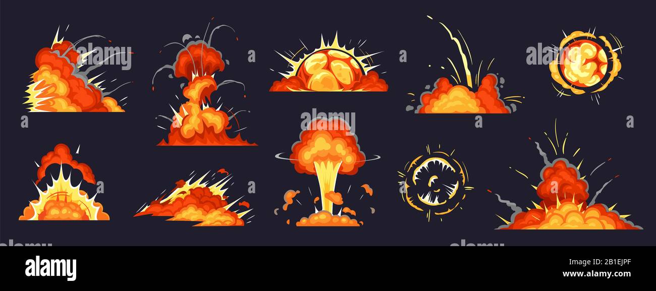 Explosion der Zeichentrickbombe. Dynamitexplosionen, gefährliche Sprengbombendetonation und Atombomben Wolkencomics Vektorgrafiken gesetzt Stock Vektor