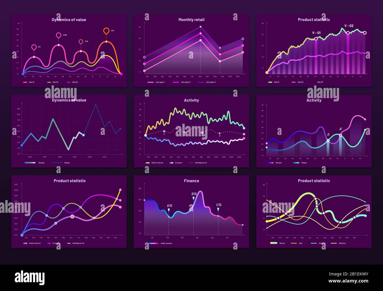 Abstrakte Datendiagramme. Statistikgraphen, Finanzlinientabelle und Infografievektor-Set für Marketing-Histogramme Stock Vektor