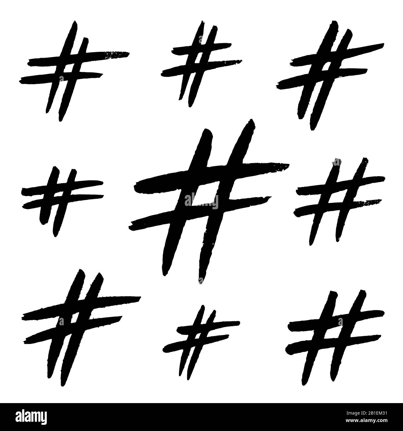 Handgezeichnete Hashtag-Schilder isoliert auf weißem Hintergrund. Trendige Grunge-Kommunikationszeichen für Logo, Blog, soziales Netzwerk, Internetanwendung. Schwarz Stock Vektor