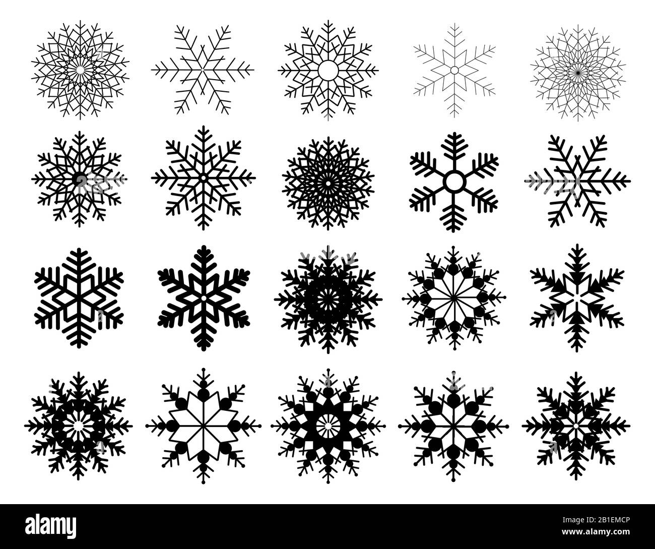 Winterset mit schwarzen Schneeflocken isoliert auf weißem Hintergrund. Symbole für Schneeflocken. Schneeflocken Kollektion für Design Weihnachten und Neujahr Banner und Karten Stock Vektor