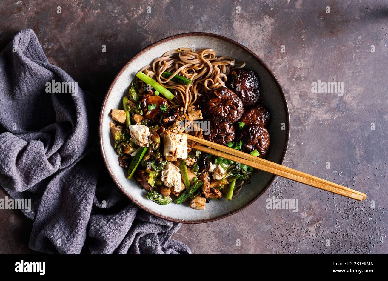Asiatischer veganer Soba-Nudel mit Tofu-Käse, Shiitake-Mushroom, Draufsicht, Kopierraum Stockfoto