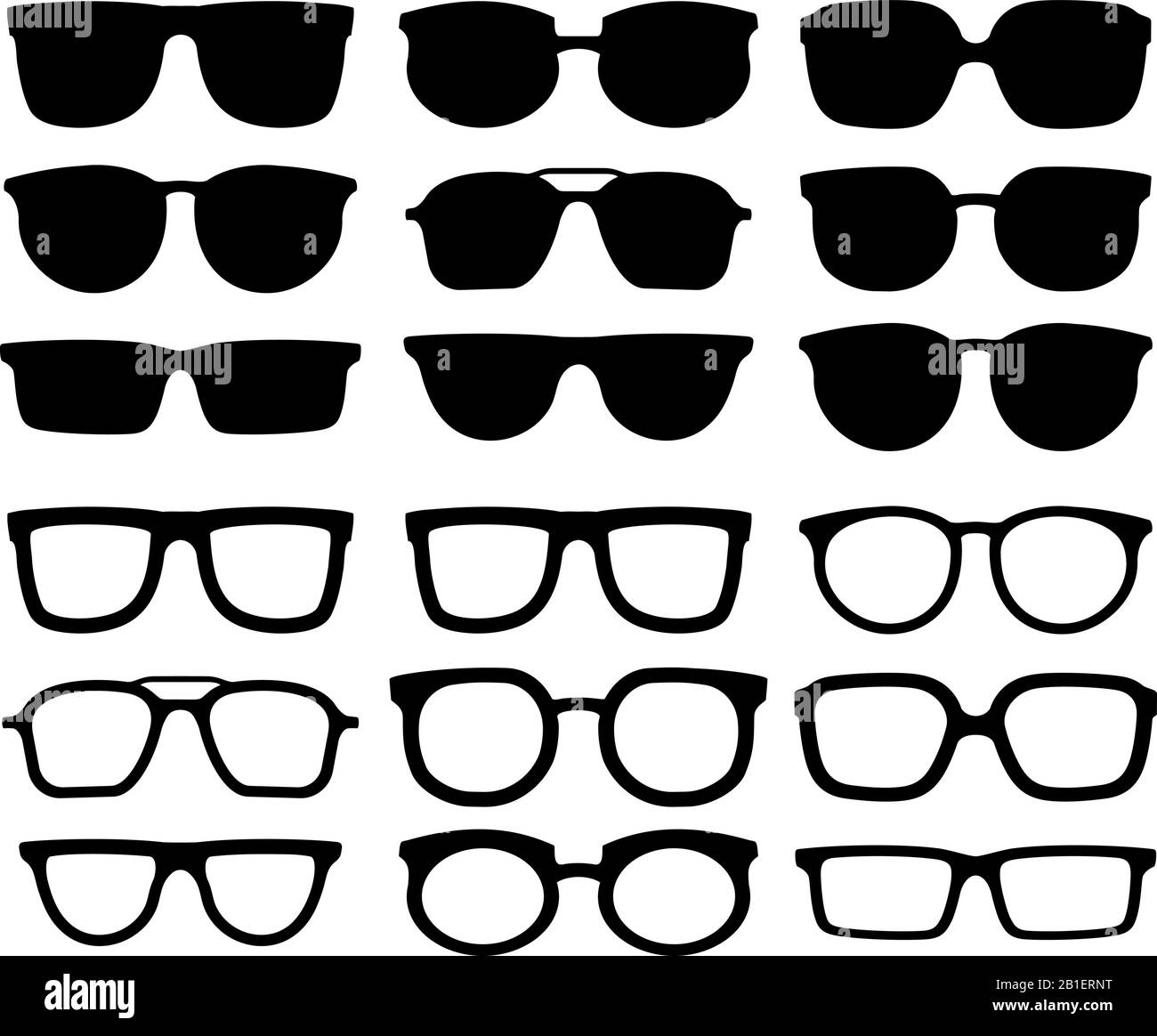 Brille Silhouette. Geek-Brille, kühle Sonnenbrille und Brillensilhouetten Vektorkollektion Stock Vektor