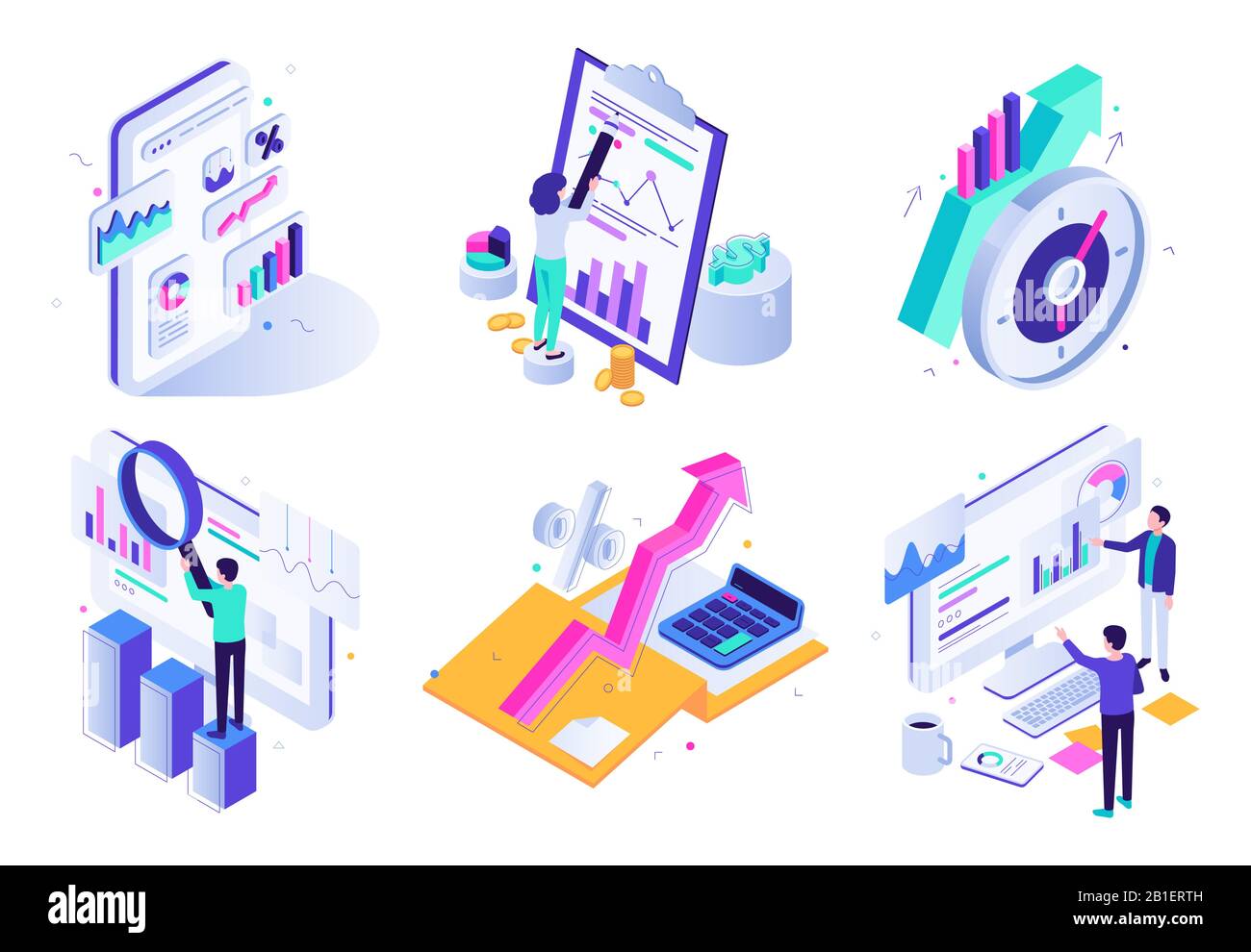 Marktanalysebericht. Finanzaudit, Überprüfung der Marketingstrategie und Finanzierung der Geschäftsstatistik isometrische 3D-Vektordarstellung Stock Vektor