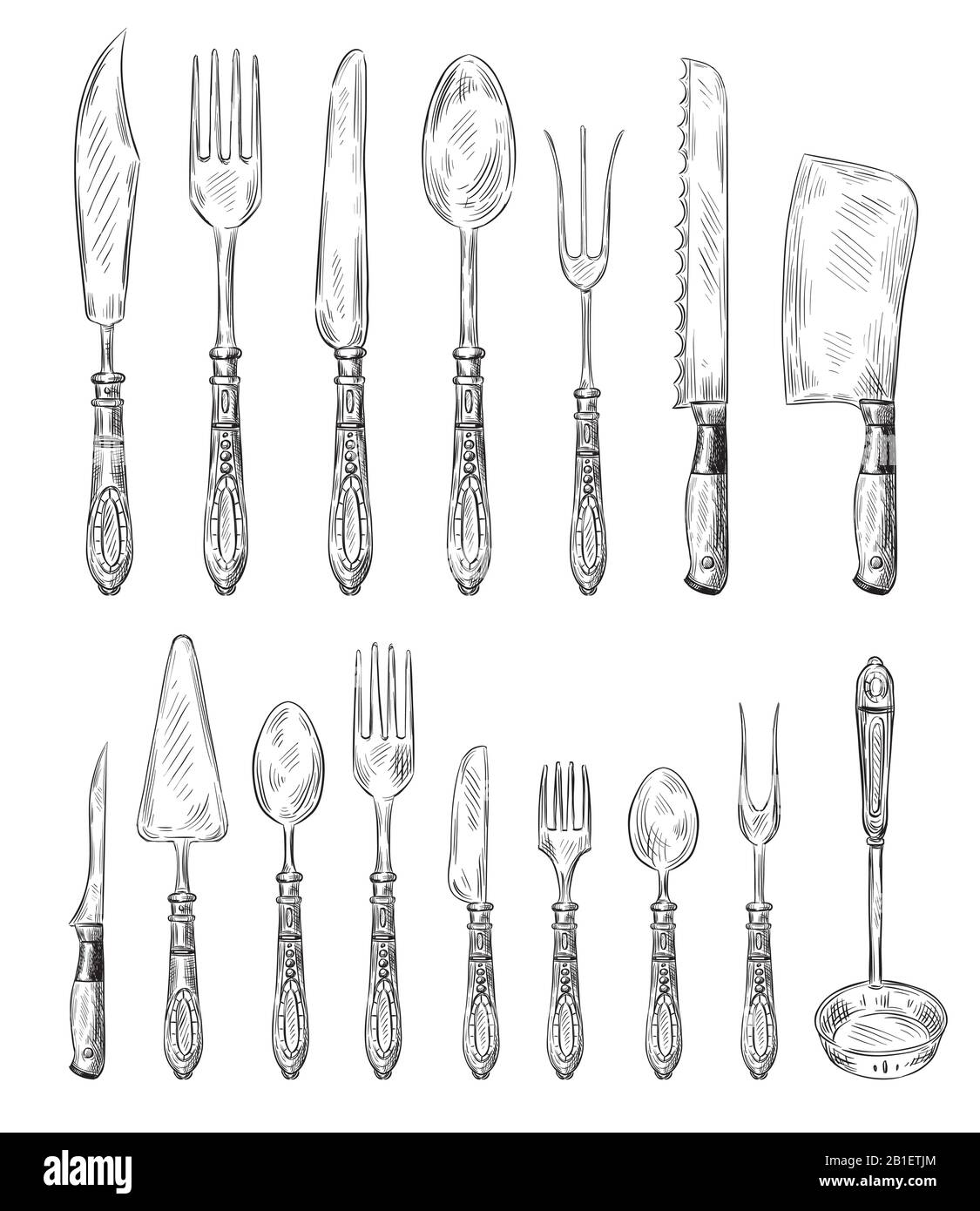 Handgezeichnetes Besteckset. Vintage Fork, Food-Löffel und Skizze Dinner Messer-Vektor-Illustration Set Stock Vektor