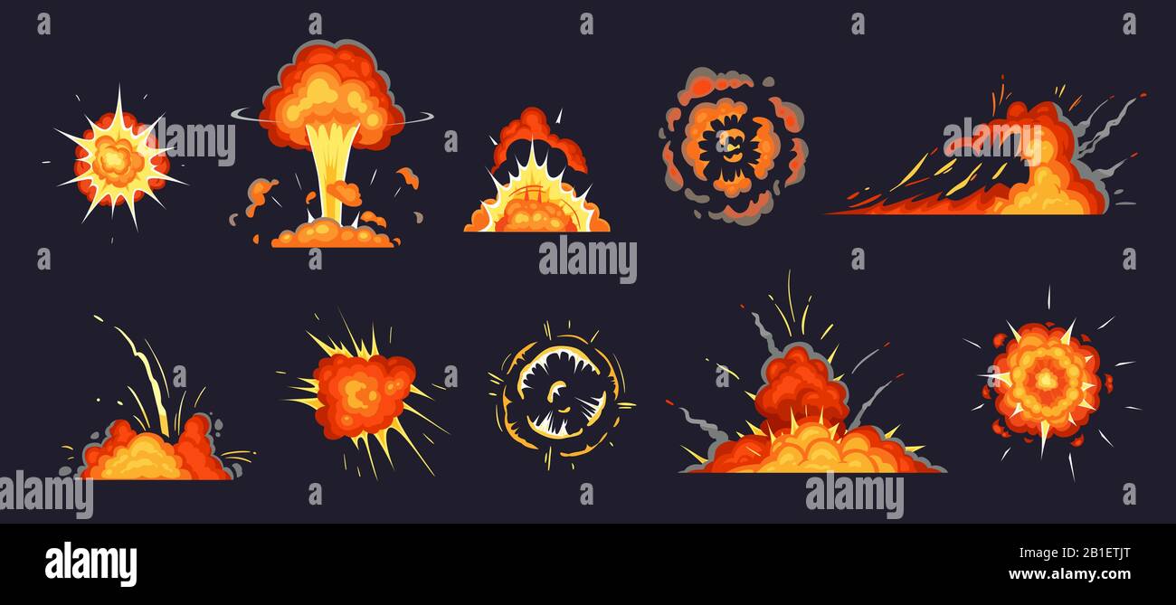 Zeichentrickexplosion. Explodierende Bombe, atomarer Explosionseffekt und komische Explosionen rauchen Wolken Vektorgrafiken Stock Vektor