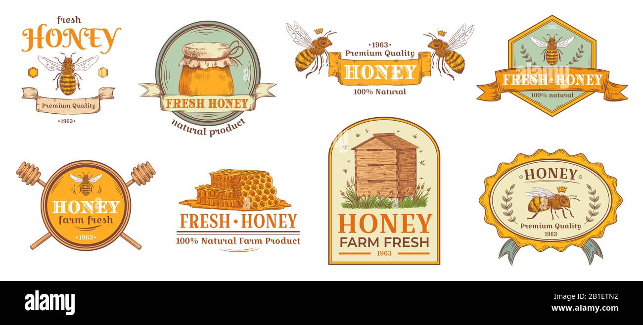 Honigabzeichen. Produktetikett "Natural Bee Farm", "Biene Biene" und "Bienen hive Emblem"-Abzeichen Vektorgrafik-Set Stock Vektor