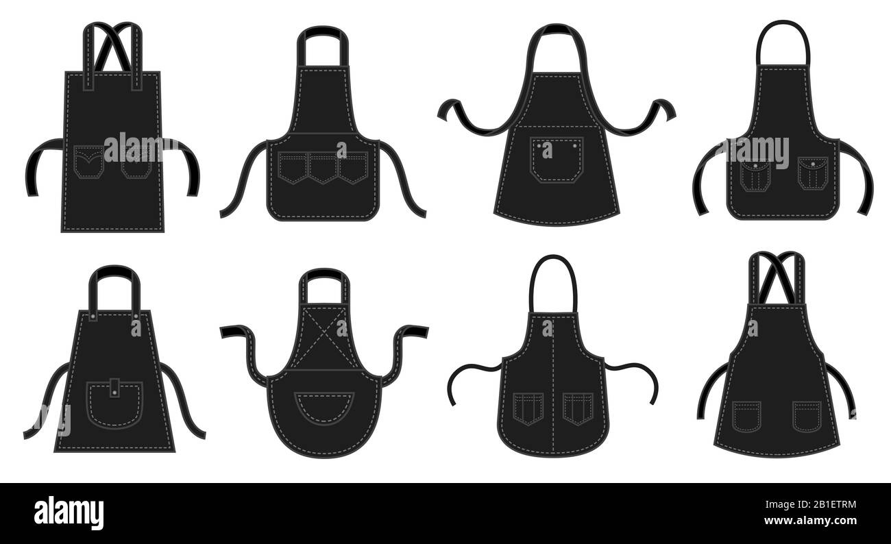 Schwarze Küchen Schürzen. Kellnerschürze, Restaurantkochuniform mit Nahtaufsatz und Küchenuniformen Vektor-Illustration-Set Stock Vektor