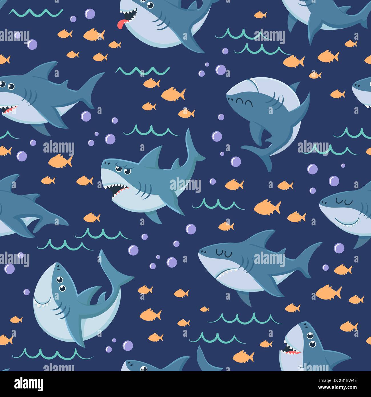 Cartoon-Haie-Muster. Nahtloses Schwimmen im Meer, mariner Hai und Unterwasservektor Hintergrund Stock Vektor