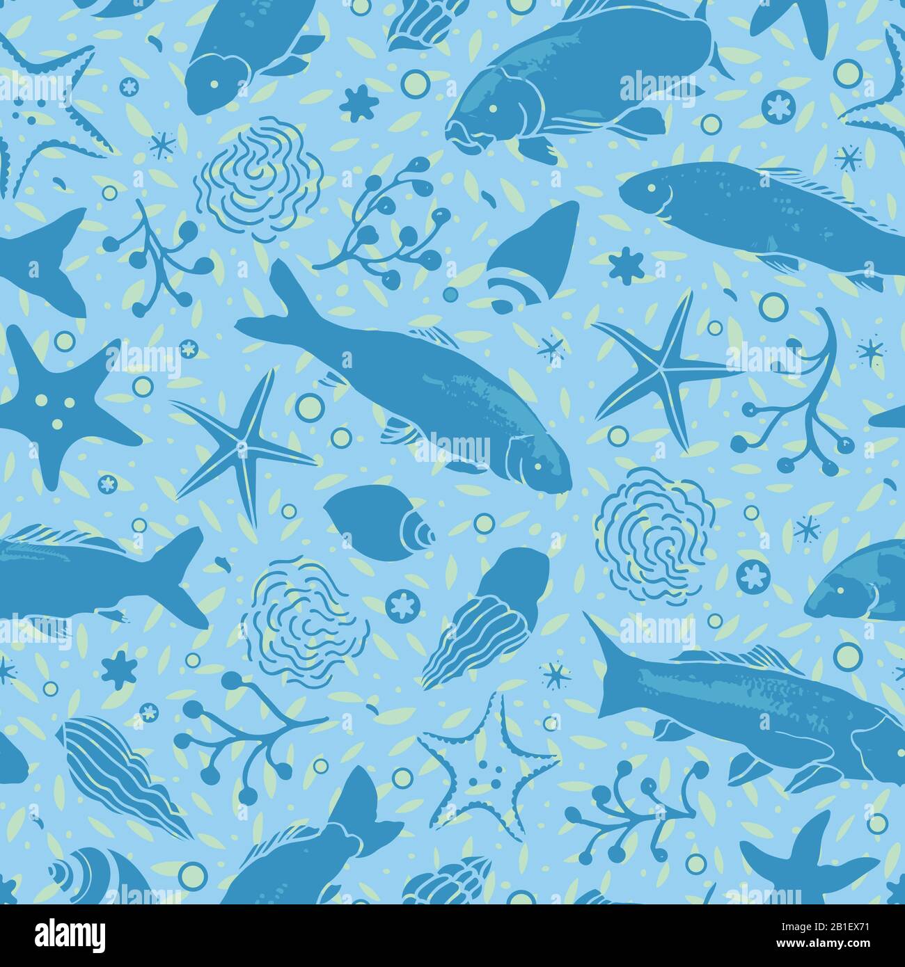 SeaLife Linokut-Muster mit Fisch, Seesterne, Seetang und wavein Blautönen auf strukturiertem Hintergrund. Strandmuster im Sommer. Oberflächenmuster. Stock Vektor