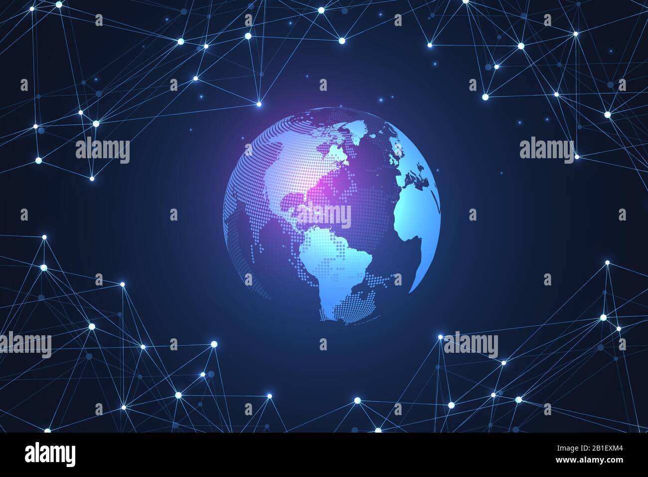 Abstrakte Digitale Netzwerk Verbindung Struktur auf blauem Hintergrund. Künstliche Intelligenz und Technik Konzept. Globales Netzwerk große Datenmengen Stock Vektor