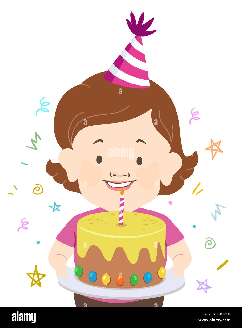 Illustration eines Mädchens mit Einem Zwerg, der einen Geburtstagskuchen hält, Mit Partyhut Stockfoto