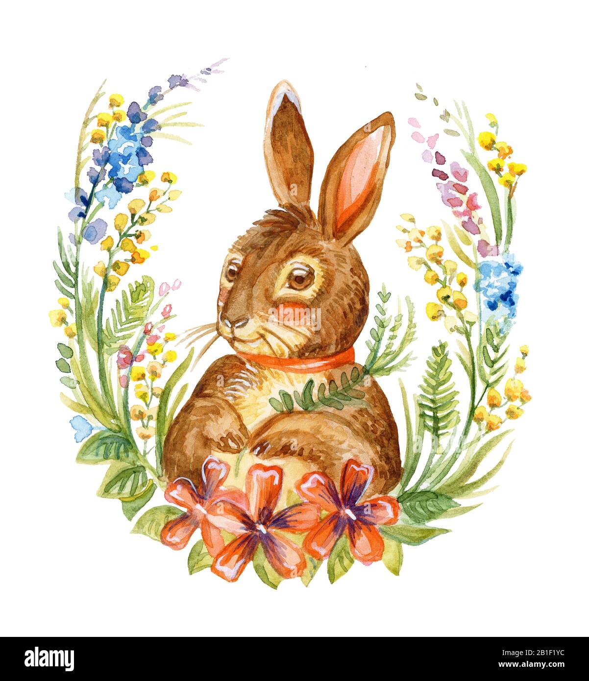 Aquarelldarstellung eines Kaninchens, das auf Kranz von Frühlingsblumen sitzt, Stockillustration. Oster Bunny Characters Vintage Illustration isoliert auf Stockfoto