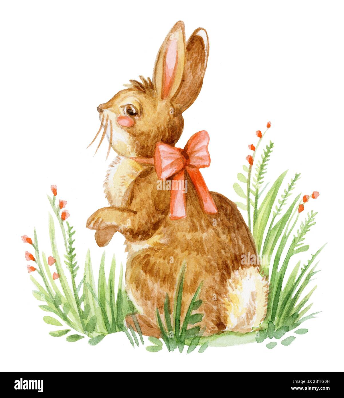 Aquarelldarstellung eines Kaninchens mit Schleife auf den Hinterbeinen auf Gras mit Blumen sitzend, Stockdarstellung. Osterbunny Figuren Vintage illus Stockfoto
