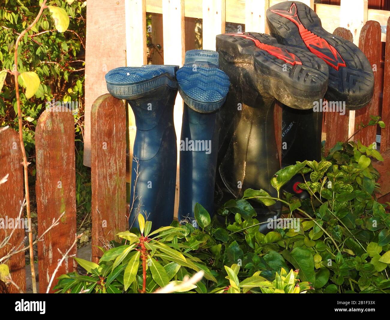 Sitzen AM ZAUN - EINE neuartige Art der Selbstreinigung schmutziger Schweiße (wellington-stiefel) trocken, indem sie sie mit dem Kopf nach draußen an einem Zaun hängen. Stockfoto