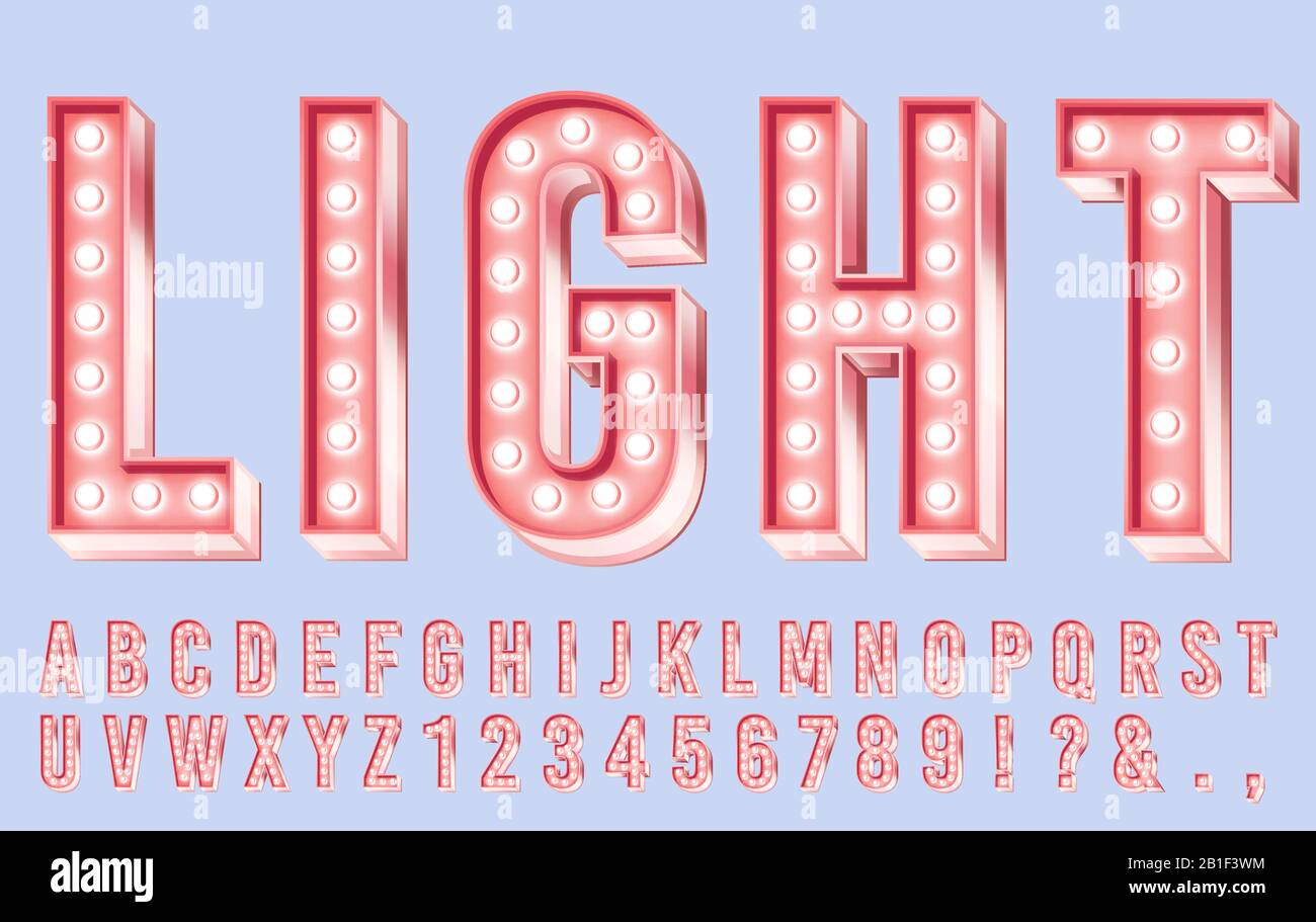 Rosa Lichtschrift. Buchstaben aus Alphabet mit Glühbirnen, Retro-Zahlen und hellen Glühlampen in 3D-Vektorgrafiken Stock Vektor