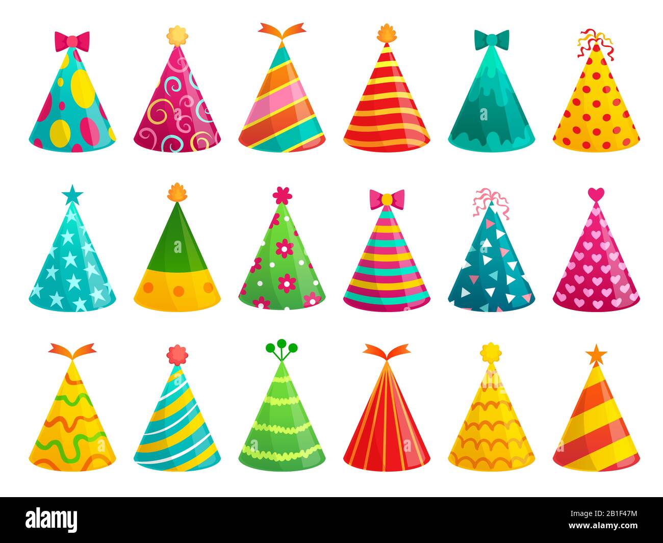 Cartoon Geburtstagskappen. Witzige Celebration Cap, Weihnachtskegel und bunte Paper-Hut-Vektorgrafiken Stock Vektor