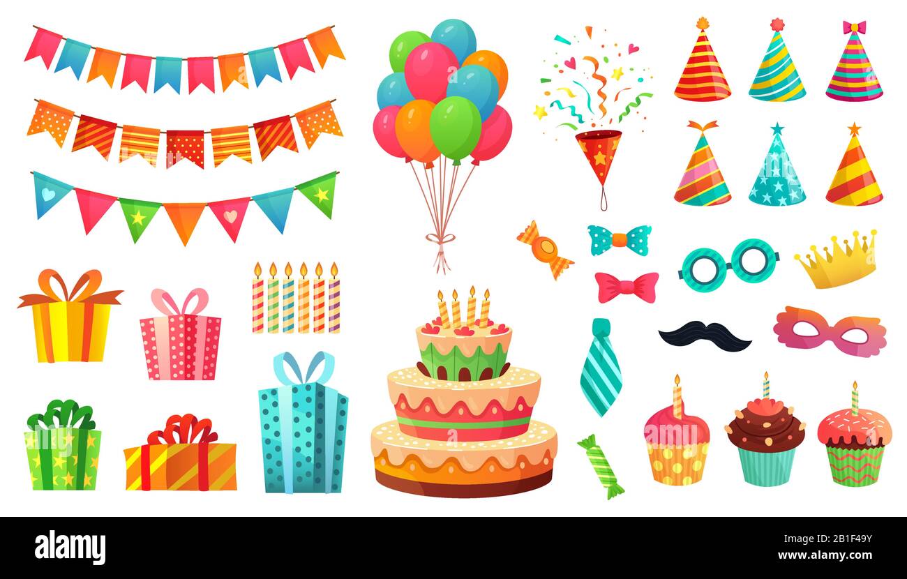 Cartoon Geburtstagsparty Dekorationen. Geschenke, süße Cupcakes und Festkuchen. Bunte Luftballons Vektorgrafik-Set Stock Vektor