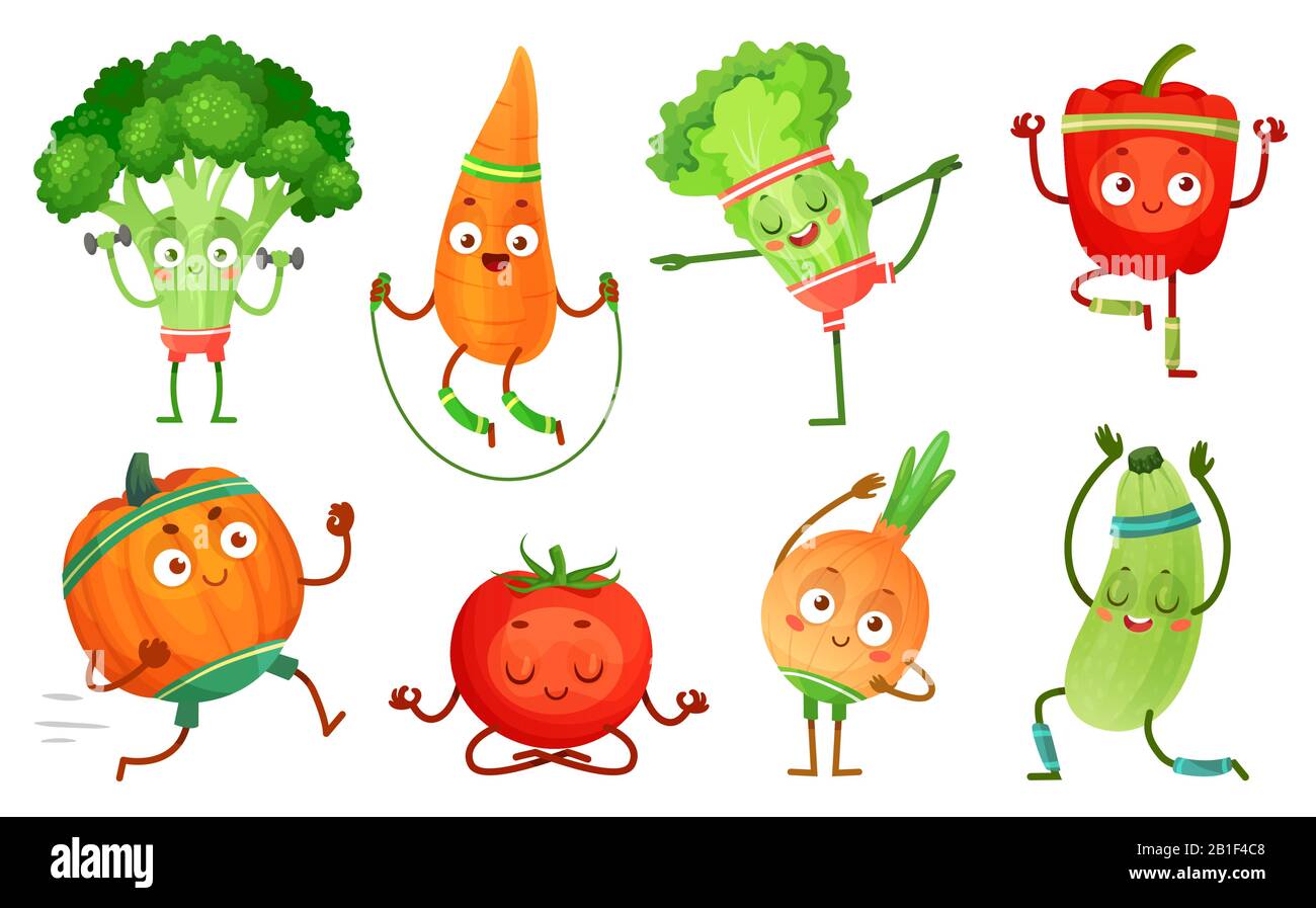 Cartoon Gemüse Fitness. Workout für Gemüsefiguren, gesunde Yoga-Übungen für Lebensmittel und Sportgemüse Vektorgrafik-Set Stock Vektor