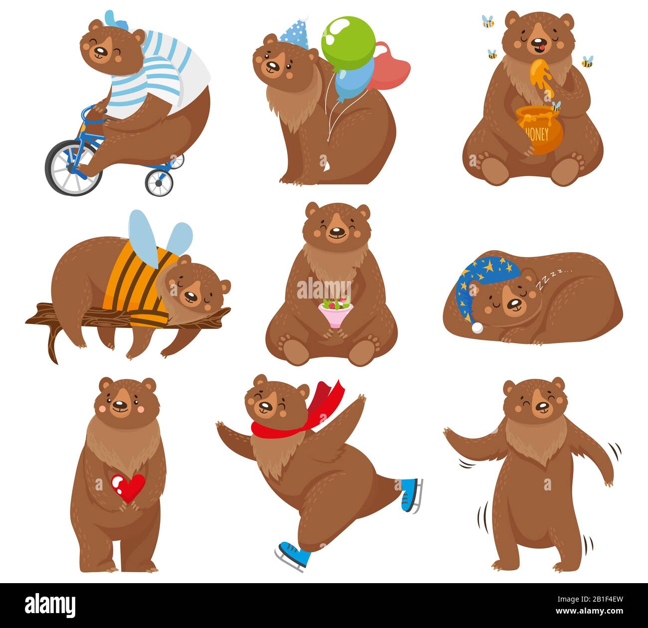 Cartoon-Bären. Fröhlicher Bär, gruselig isst Honig und Braunbär-Charakter in lustigen Posen isolierte Vektorillustration Stock Vektor