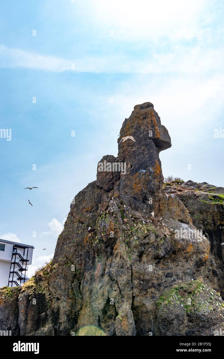 Godzilla Rock (Godzillaiwa), EIN Rock, der wie ein Monster Godzilla im Utoro Fischerhafen Utoronishi aussieht. Shari, Shiretoko-Halbinsel, Hokkaido, Japan Stockfoto