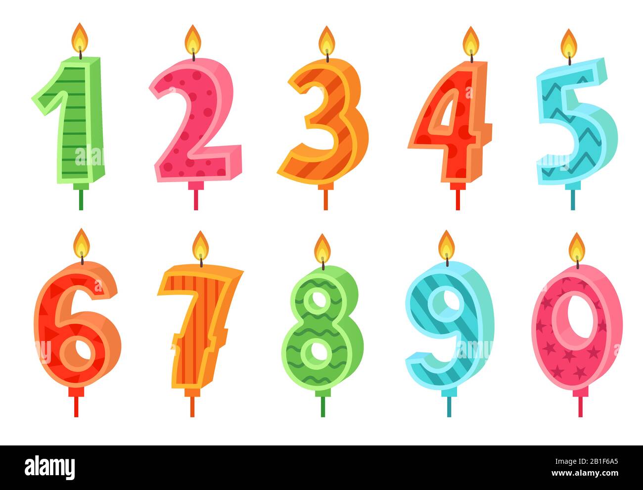 Cartoon Jahrestag Zahlen Kerze. Celebration Cake Kerzen brennende Lichter, Geburtstags-Nummer und Party-Kerzenvektor-Set Stock Vektor
