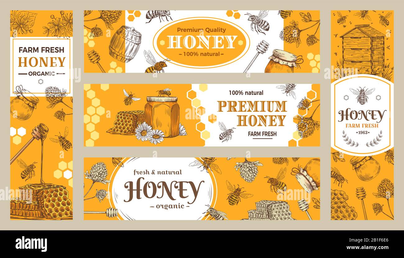 Honigbanner Gesunde Sussigkeiten Naturliche Bienen Honigtopf Und Bienen Bauernhofprodukte Banner Vektor Kollektion Stock Vektorgrafik Alamy