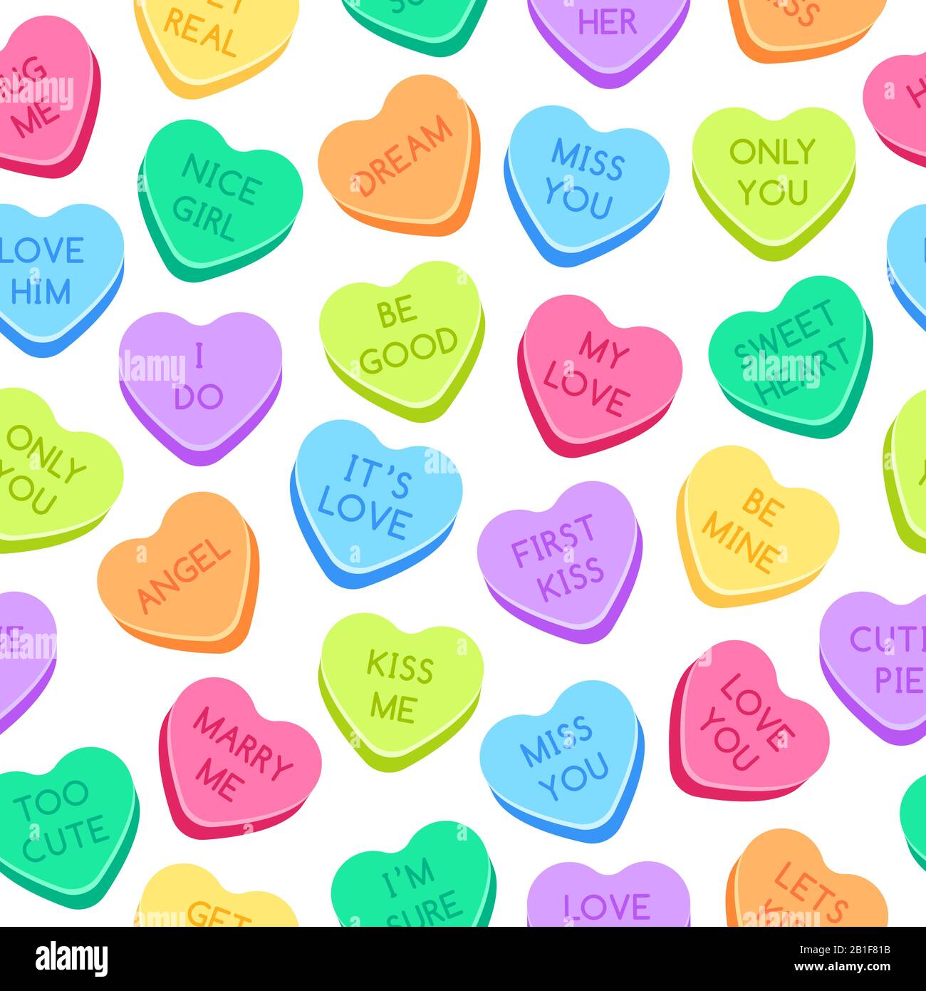 Süßes Herzkäuzchenmuster. Bunte Valentinherzen, Liebesbekundungen und süße Süßigkeiten nahtlose Vektorillustration Stock Vektor