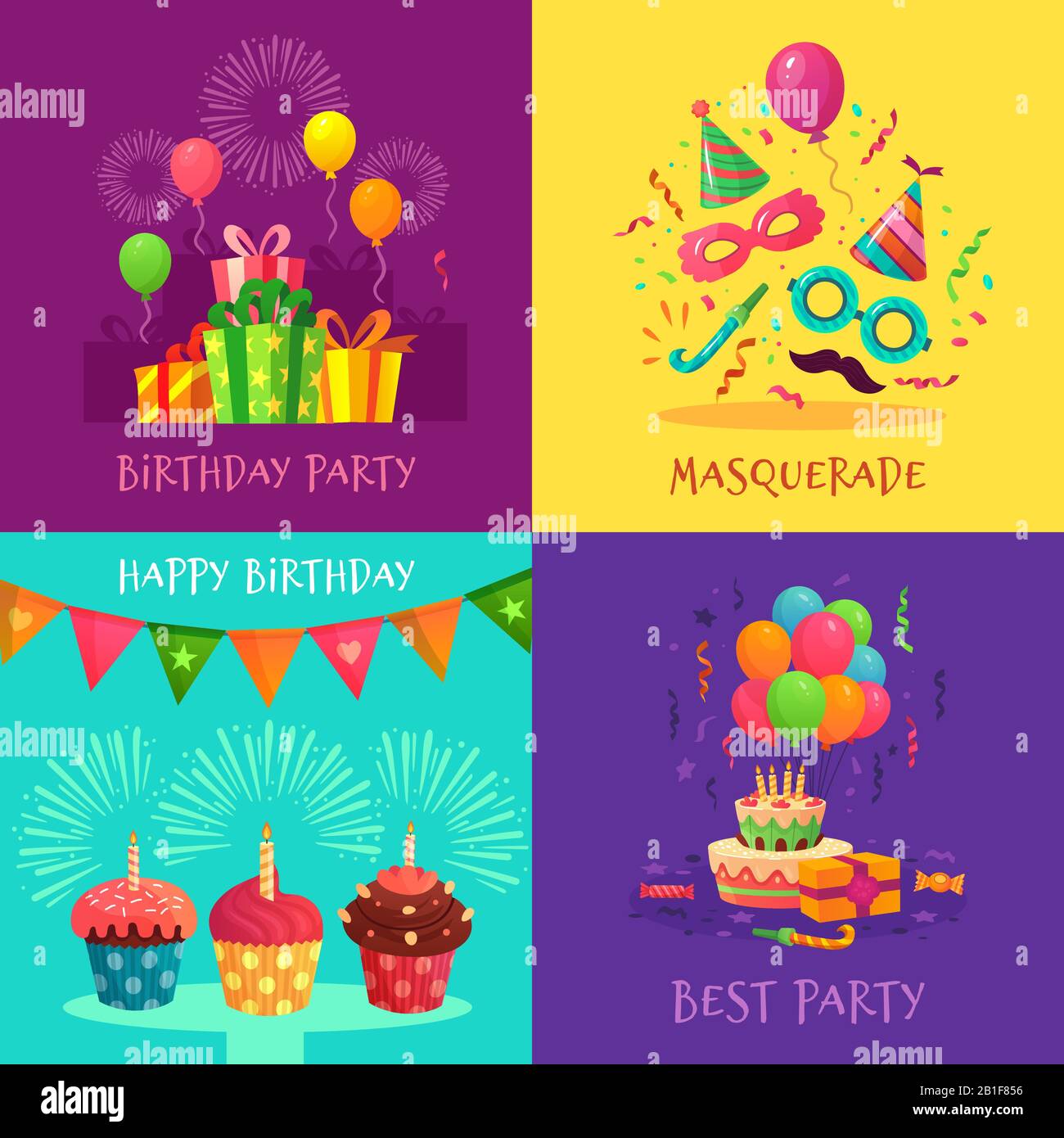 Cartoon Party Einladungskarten. Karnevalsmasken, Geburtstagsdekorationen und bunte Cupcakes Vektor-Illustration Set Stock Vektor