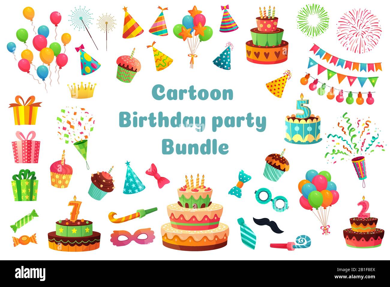 Cartoon Geburtstags-Partybündel. Süße Feier Cupcakes, bunte Ballons und Geburtstagsgeschenke Vektorgrafik-Set Stock Vektor