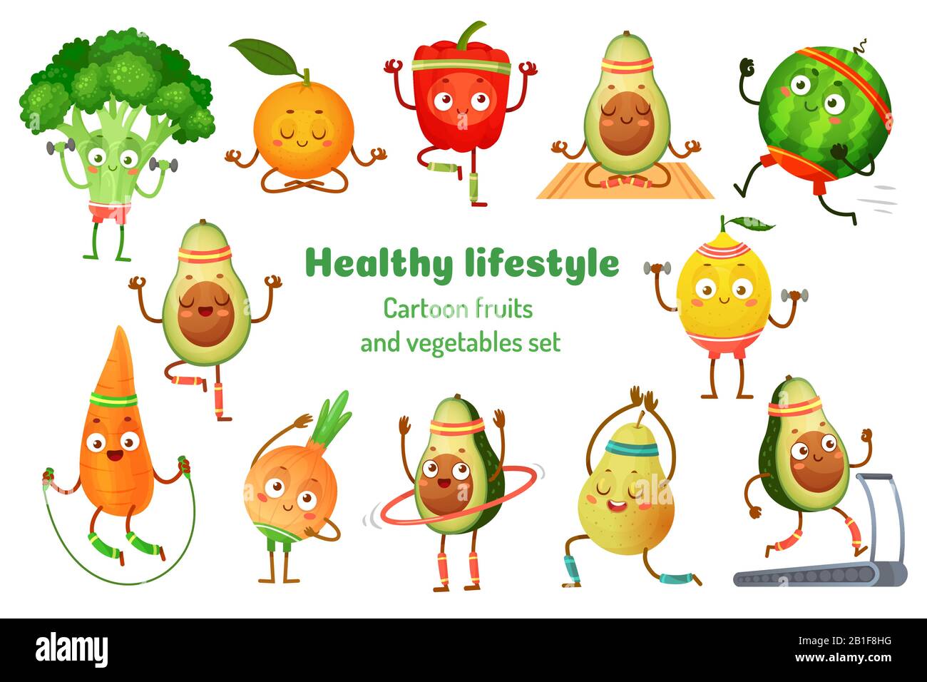 Sport Obst und Gemüse. Maskottchen für gesunde Lebensgewohnheiten, Sport- und Yoga-Training-Cartoon-Vektor-Illustrations-Set für Obst und Obst Stock Vektor