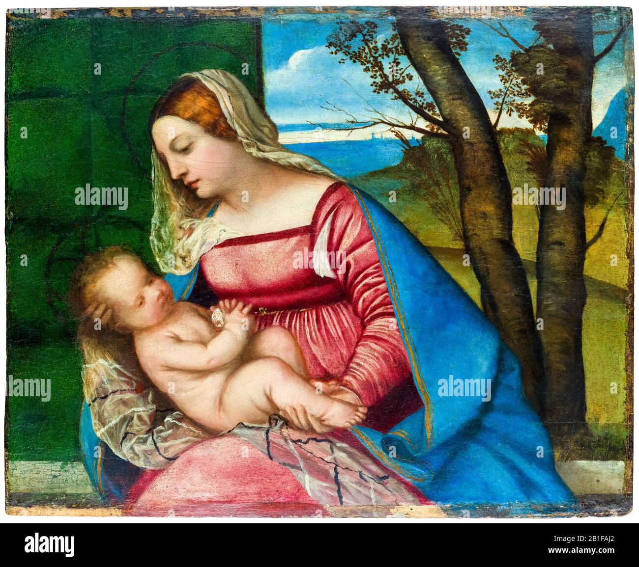 Madonna und Kind, Ölgemälde auf Holz von Tizian, Tiziano Vecellio, ca. 1508 Stockfoto