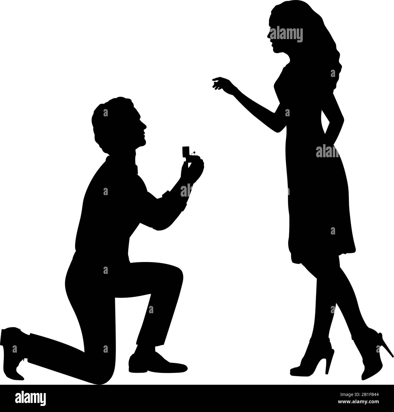 Silhouette eines Mannes, der auf dem Knie steht, macht ein Angebot, Frau zu heiraten. Symbol für Vektorgrafiken Stock Vektor