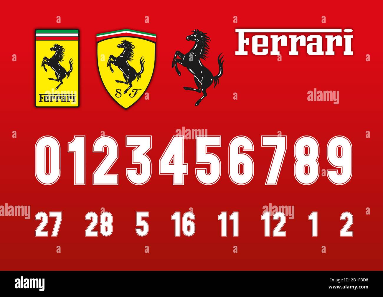 Ferrari Formel-1-Rennnummern im Vintage-Stil und Ferrari-Logos, Vektorgrafiken Stockfoto