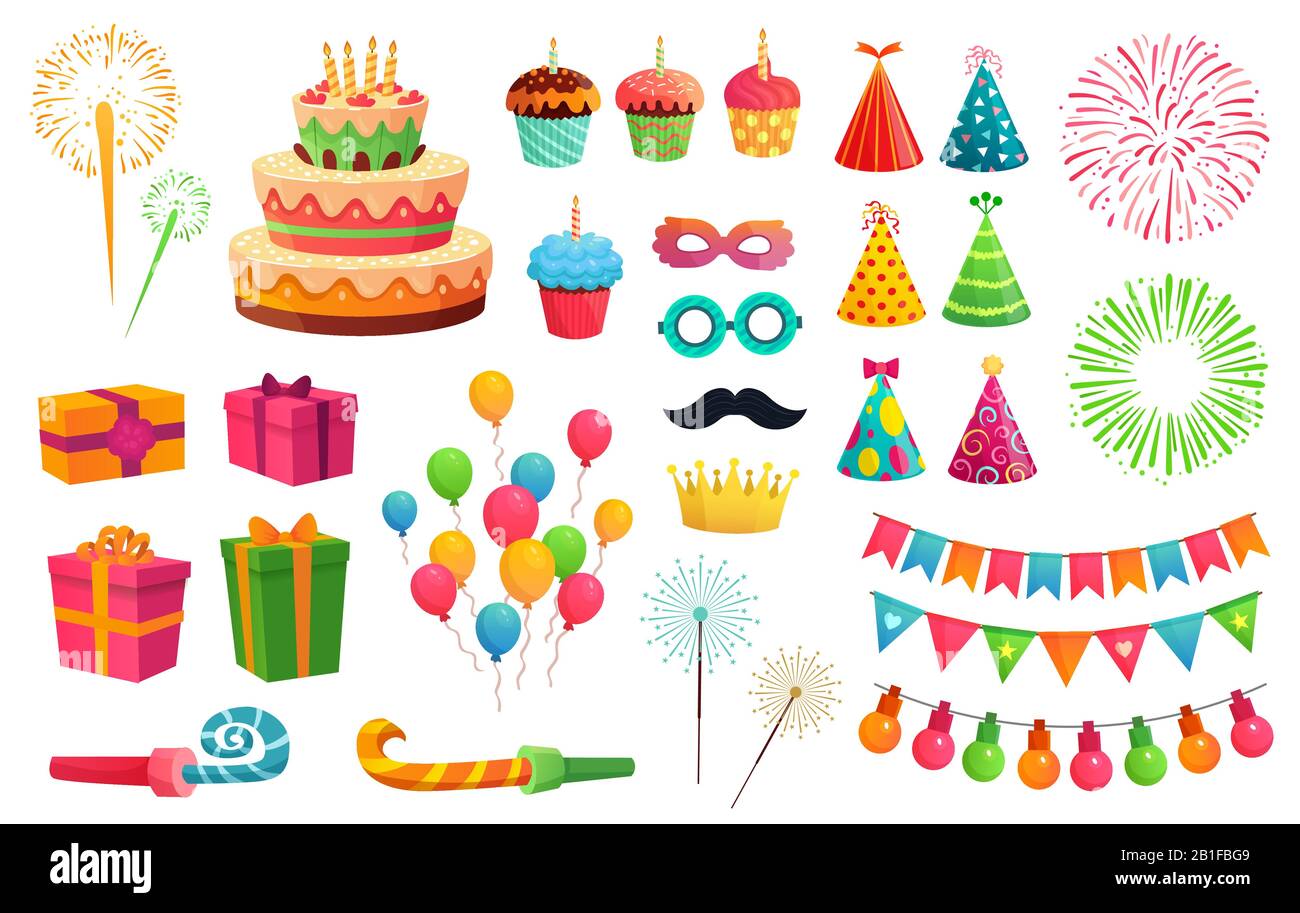 Cartoon Party-Kit. Raketenfeuerwerk, bunte Ballons und Geburtstagsgeschenke. Karnevalsmasken und süße Cupcakes Vektorgrafiken Stock Vektor