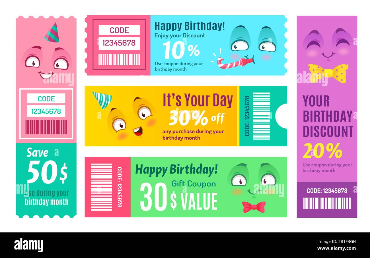 Aktionsgutschein zum Happy Birthday. Jubiläumscoupon, fröhliche Geschenkgutscheine und lächelnde Gutscheine mit Aktionscode, Vorlage Vector Set Stock Vektor