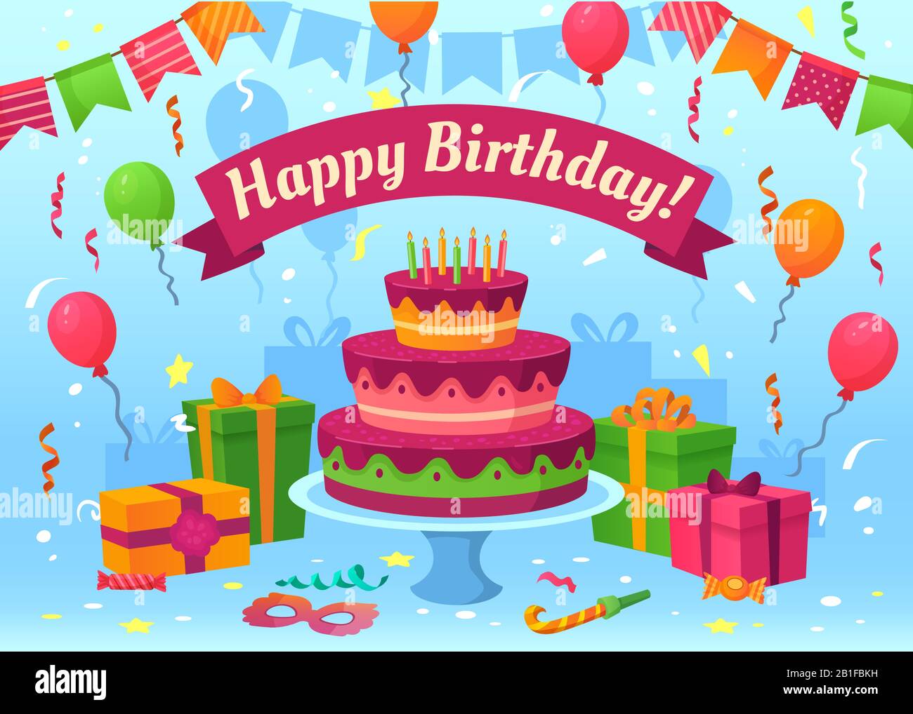 Cartoon Glückliche Geburtstagskarte. Festgeschenke, Fahnen und Geburtstagballons. Flying Konfetti Grußkarten Vektor-Illustration Stock Vektor