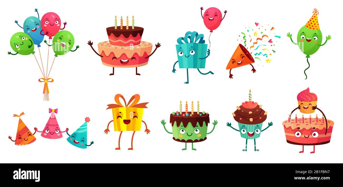 Geburtstagsfeier im Cartoon. Partyballons mit lustigen Gesichtern, fröhlicher Geburtstagskuchen und Geschenken Maskottchen Vektorgrafik-Set Stock Vektor