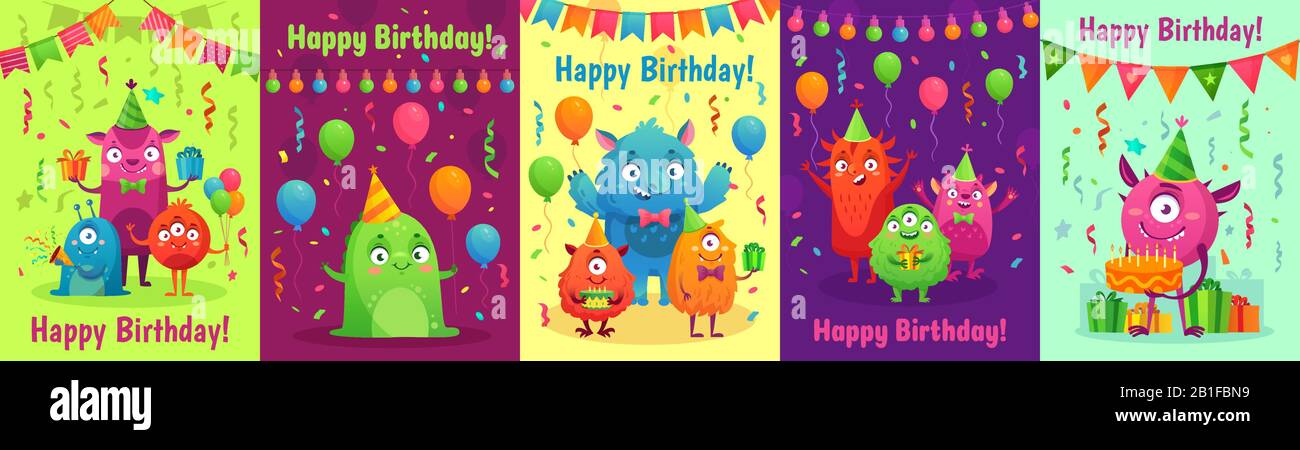 Grußkarte zum Geburtstag des Monsters. Monster mit fröhlichen Geburtstagsgeschenken, Party-Einladung für Kinder und freundlichem Cartoon-Vektor-Set für Monster Stock Vektor